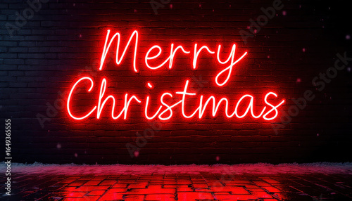Merry christmas neon sign on brick wall background for holiday greetings