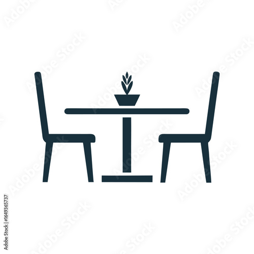 Dark blue simple icon of a table with two chairs and a potted plant furniture