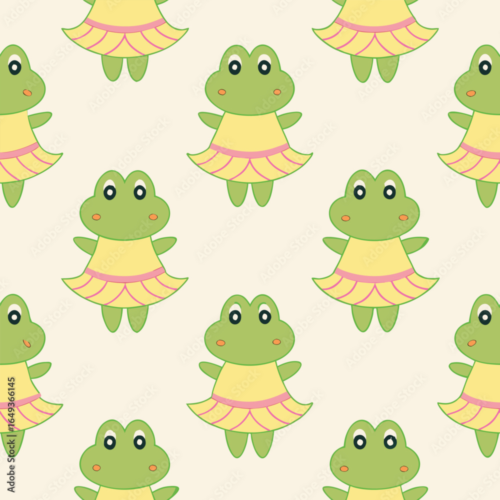 Obraz premium Adorable cartoon frog in yellow dress seamless pattern on beige background cute animal