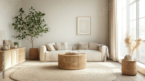 Modern living room interior with minimalist furniture and plants