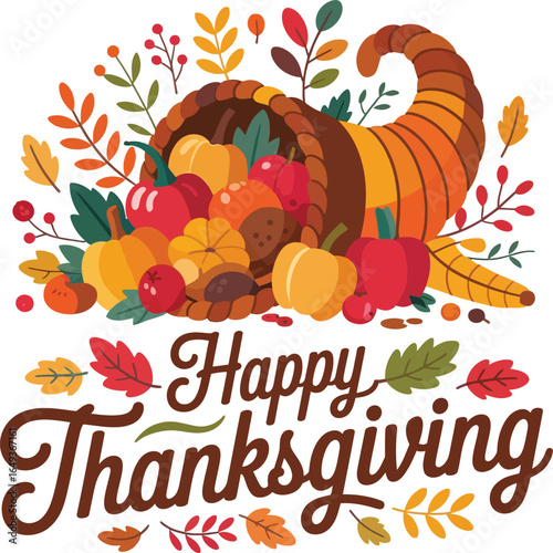 Happy Thanksgiving:  Autumn Harvest Cornucopia, Flat Design, Festive Illustration, Thanksgiving, cornucopia, autumn, fall, harvest, fruits, vegetables, pumpkins, apples, oranges, berries, leaves, bran
