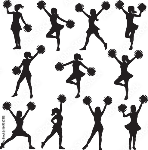 Eleven cheerleader silhouettes in various poses with pom poms and action Keywords: cheerleader