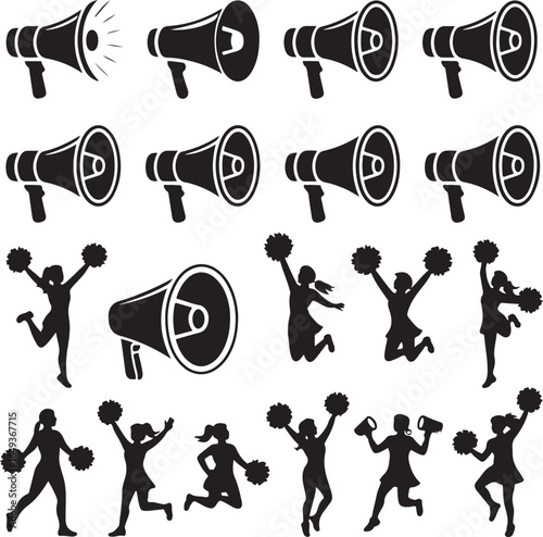 Megaphone and cheerleader silhouettes with pom poms and action poses Keywords: megaphone, bullhorn