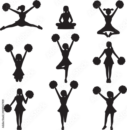 Nine cheerleader silhouettes in various poses with pom poms Keywords: cheerleader, silhouette
