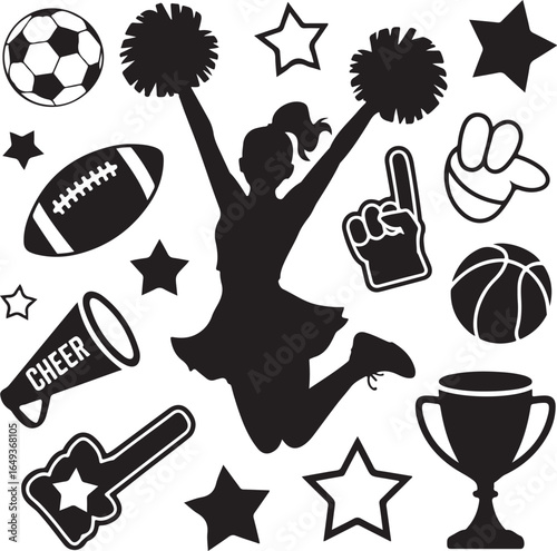 Cheerleader Jumping with Pom Poms Surrounded by Sports Icons and Stars cheerleading silhouette