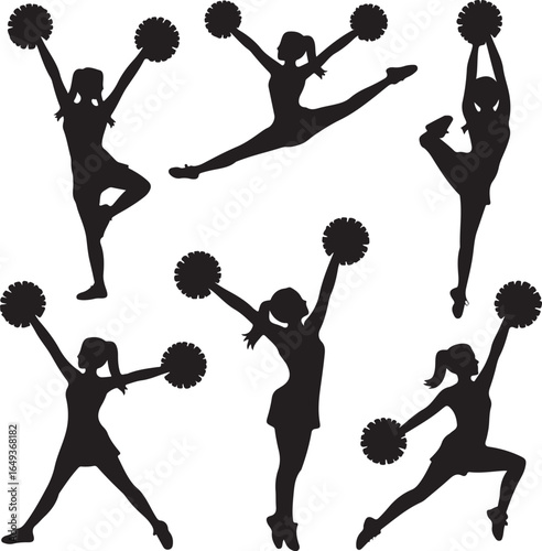 Six cheerleader silhouettes in dynamic poses with pom poms Keywords: cheerleader, silhouette