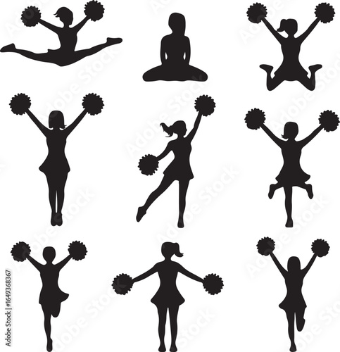 Nine Black Silhouettes of Cheerleaders in Various Poses with Pom Poms cheerleading white background