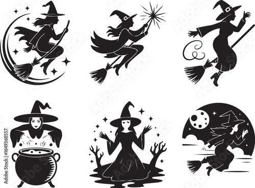 Witches flying on brooms, brewing potions for Halloween decor
