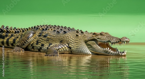 Majestic crocodile resting by the water edge with its open mouth a scene of awe and wonder