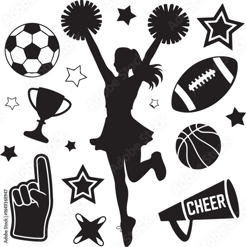 Cheerleader Silhouette With Sports Icons Football Soccer Basketball Trophy Foam Finger cheerleading girl