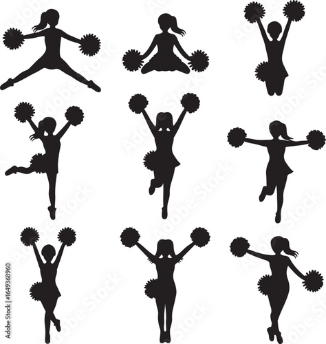 Nine Black Silhouettes of Cheerleaders in Various Poses with Pom Poms cheerleading white background