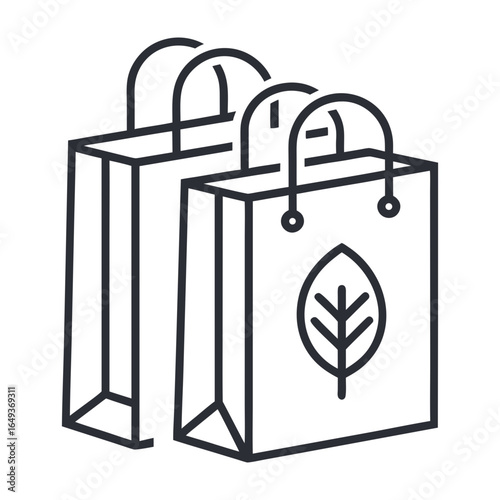 Simple line art illustration of two paper shopping bags with a leaf symbol