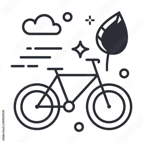 Stylized line art of a bicycle with a leaf and clouds representing eco friendly travel