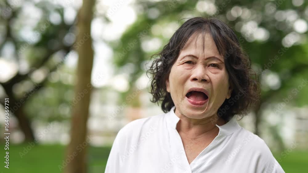 Happy elderly Asian woman laughing in a park Happy elderly Asian woman laughing in a park