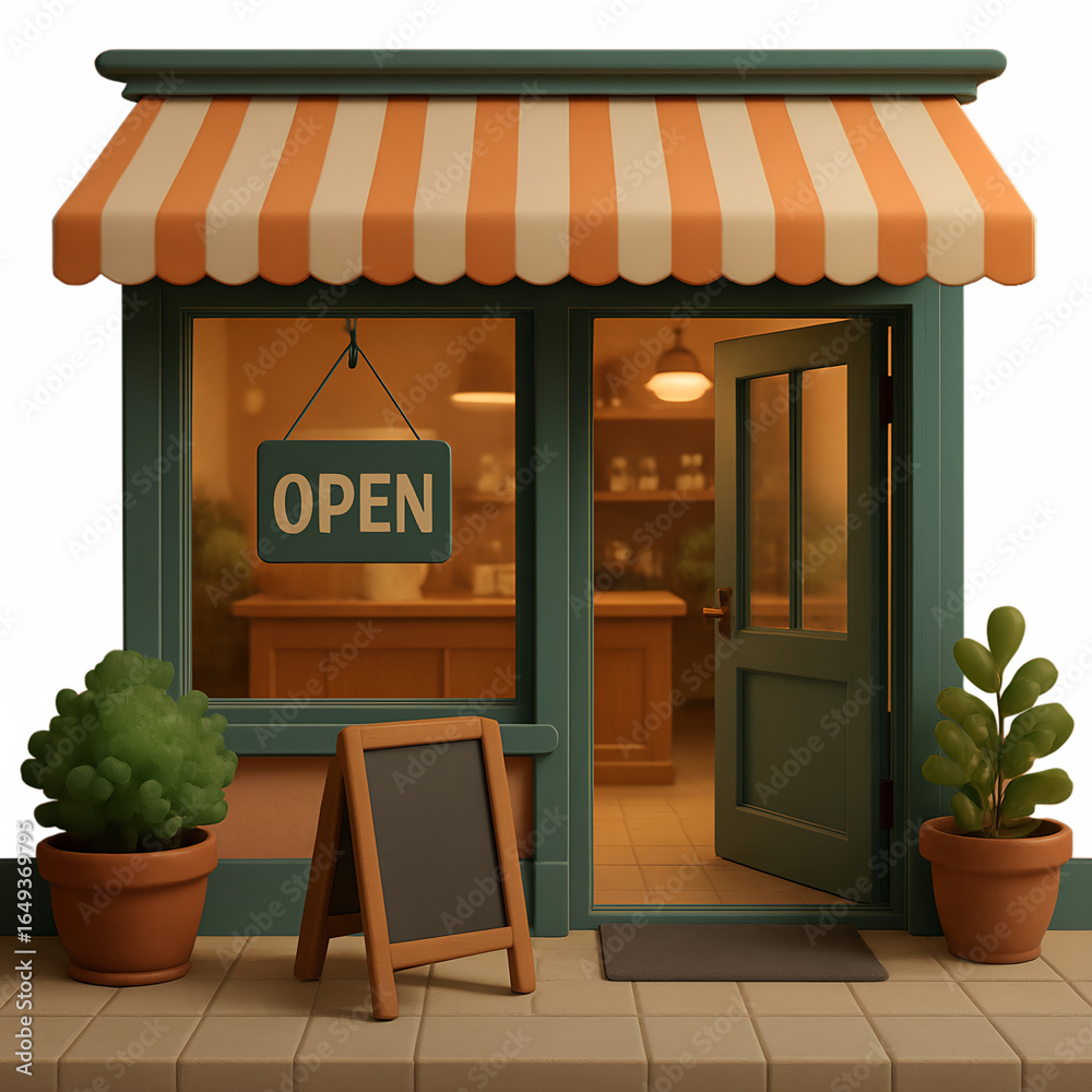 Obraz premium Charming Storefront Illustration with Open Door and Striped Awning Inviting Customers