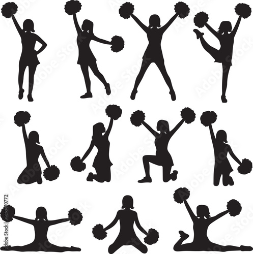 Silhouette cheerleaders with pom poms in various poses on white background cheerleading pompons