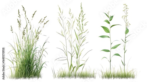Isolated green plants and grass on white background: including various leaf types, with thin tall-stemmed grass-like leaves and broad leaves with unique structures, no flowers, varying in height and d