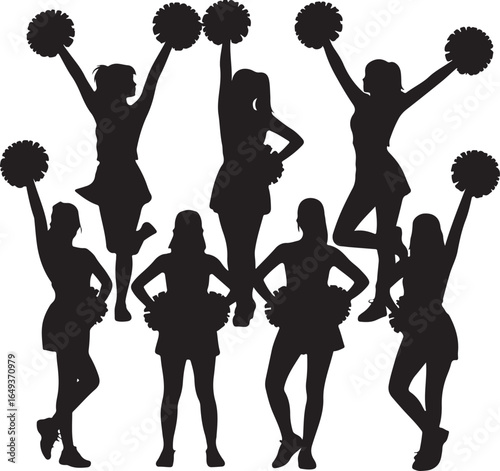 Group of female cheerleaders in silhouette holding pom poms on white background cheerleading pompons