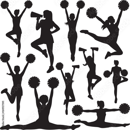 Silhouette cheerleaders with pom poms and megaphone on white background cheerleading pompons