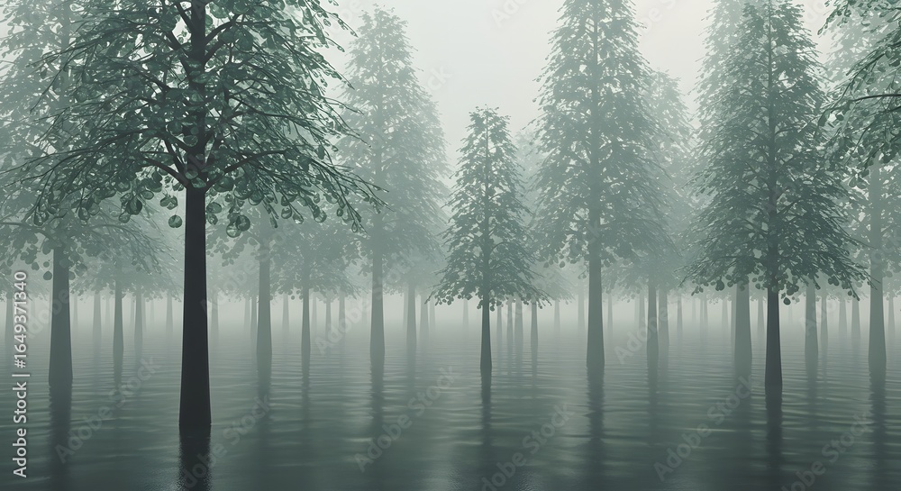 Naklejka premium Serene and mysterious flooded pine forest landscape with dense fog and calm water reflections