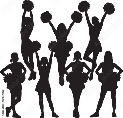 Group of Cheerleader Silhouettes with Pom- Poms and Skirts cheerleading sport