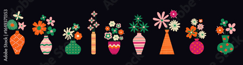 Colorful potted flowers set, isolated on a black background. Beautiful bouquets of flowers in vases illustration. Vector simple flat design. Flower shop concept. Naive hand drawn flowers