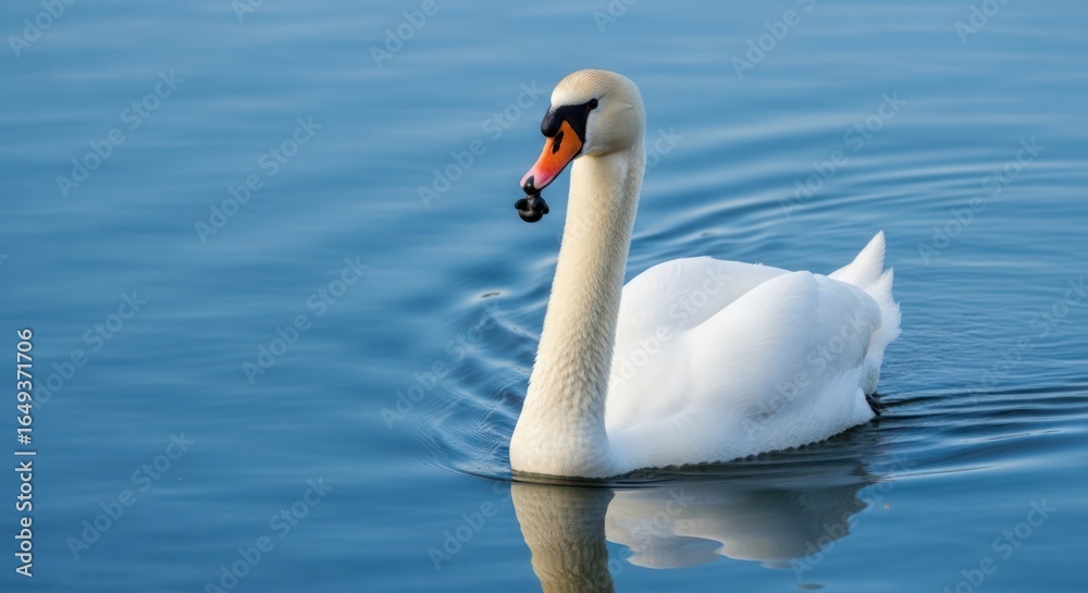 Fototapeta premium Elegant swan gliding smoothly across a tranquil blue lake basking in golden sunlight serene beauty