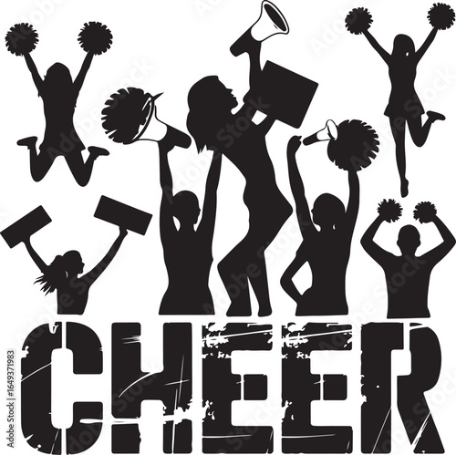 Cheerleaders Silhouettes with Megaphone and Word Cheer cheerleading team