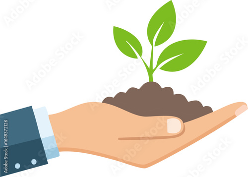 Creative drawing of a palm holding a sprout with vibrant green leaves and soil, soft illustration style