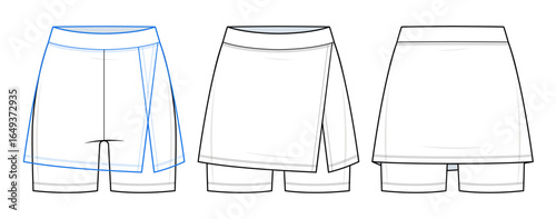 Skort Shorts Technical Fashion Illustration. Layered Overlap Skirt with Inner Fitted Shorts Vector Template. Front and Back View. Activewear. Blank CAD Mockup.