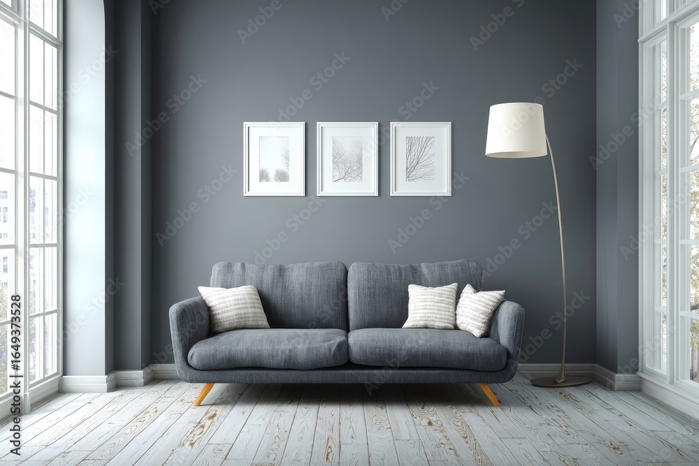 Fototapeta premium Modern gray living room with sofa and art