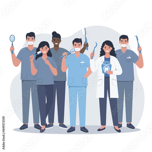 Diverse group of smiling dentists holding tools ready to provide amazing dental care and services