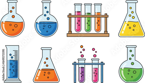Colorful laboratory glassware, science illustration VECTOR