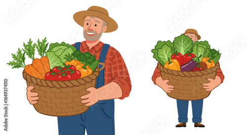 Two farmers holding baskets full of fresh vegetables crops