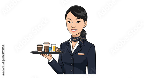 Flight attendant holding tray with drinks and small snack