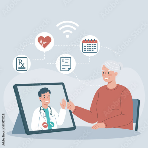 Caring doctor offering telehealth services online for senior woman needing a virtual consultation today
