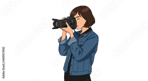 Woman with camera in denim jacket taking a photograph shot