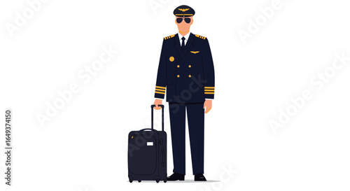 A pilot in uniform with luggage on a white background image