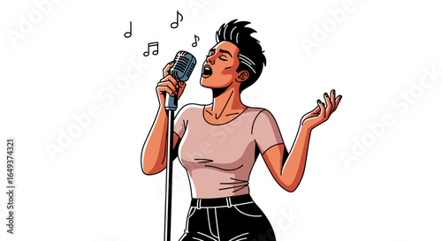 Woman singing into a microphone with musical notes around