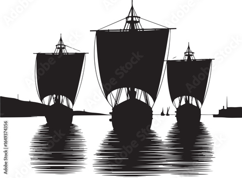 Dramatic black silhouette of sailing ships on tranquil water