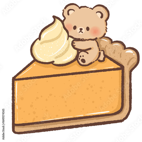 Cute kawaii bear hugging a big swirl of whipped cream on top of a rich slice of pumpkin pie in a sweet cozy autumn dessert illustration perfect for fall food themes and adorable seasonal artwork