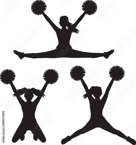 Three black silhouette cheerleaders with pom poms on white background Keywords: cheerleading