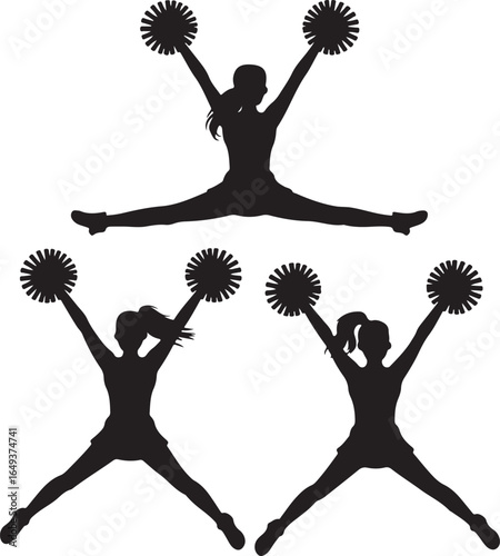 Three Cheerleader Silhouettes with Pom Poms in Split Poses cheerleading female