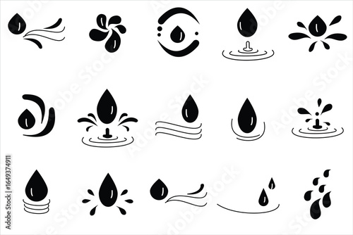 Water drop icon. Set of black drops silhouettes, raindrops, splash, sea waves, pouring water, spray icons and design elements. Vector illustration .