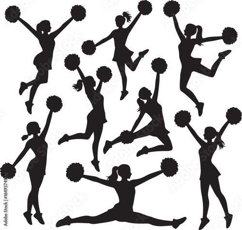 Dynamic Cheerleader Silhouettes in Mid- Air Jumps and Splits cheerleading female