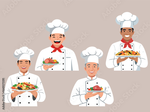 Chef holding plate flat vector illustration