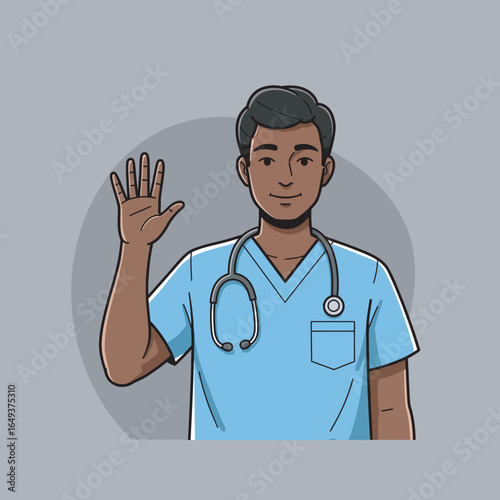 Welcoming medical professional greeting patients with caring smile and friendly wave illustration