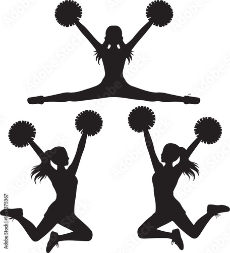 Three cheerleader silhouettes in jumping and split poses with pom poms vector illustration