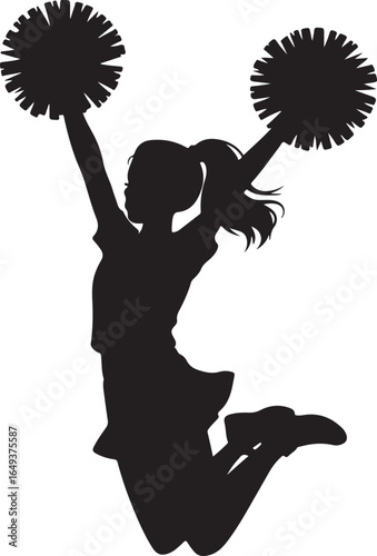 Silhouette of a cheerleader jumping with pom poms on a white background athletic