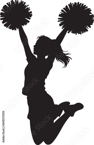 Silhouette of a cheerleader jumping with pom poms on a white background athletic